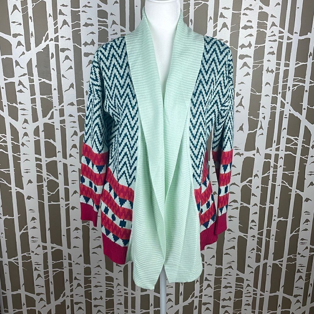 So It Is Aqua Teal Chevron Zig Zag Print Longline Open Front Cardigan sz M